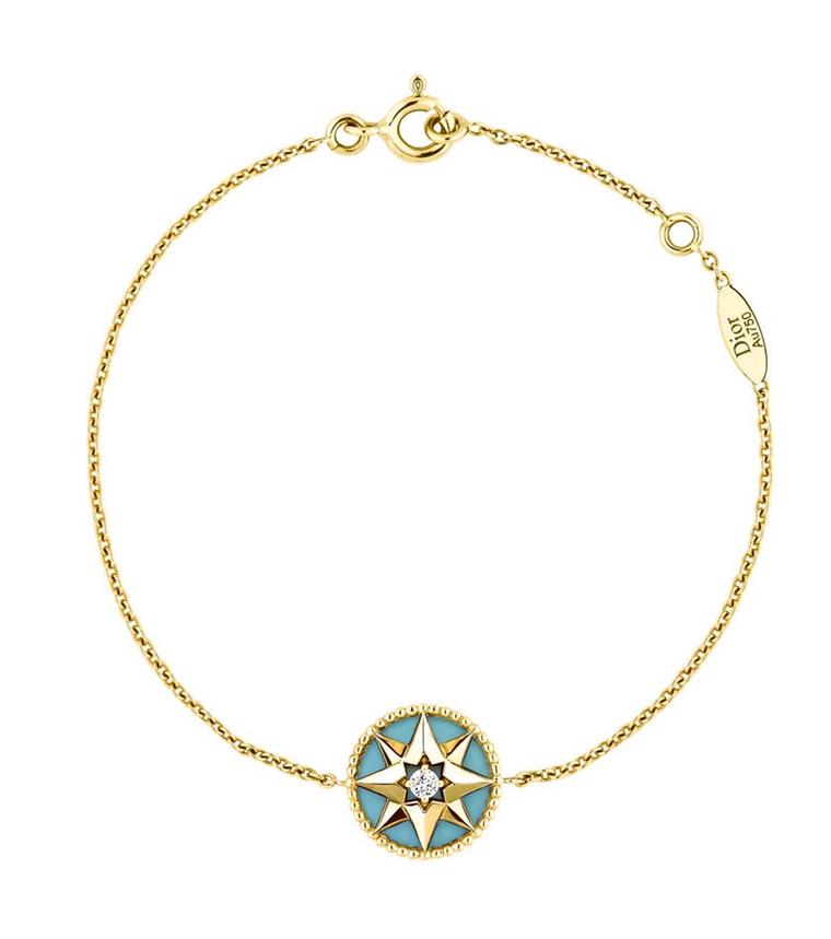 Dior Rose Des Vents bracelet in yellow gold and turquoise, set with a single diamond at the centre of the star (£1,150).